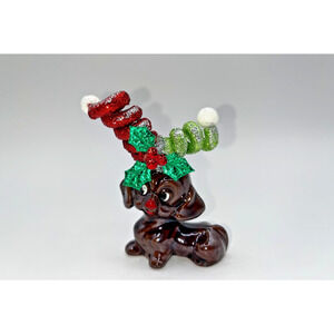 Vintage ADORABLE Puppy Dog With Green & Red Glitter Swirl Antlers on Head OOAK